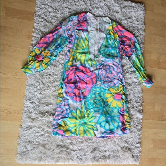 BH WRAGGE Vibrant Floral Long Sleeve Dress  Deep V Neck Size Medium Retro - Picture 14 of 15